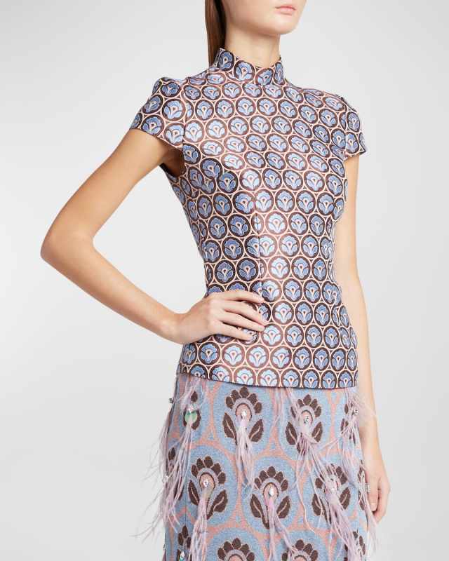 Mock-Neck Cap-Sleeve Brocade Top